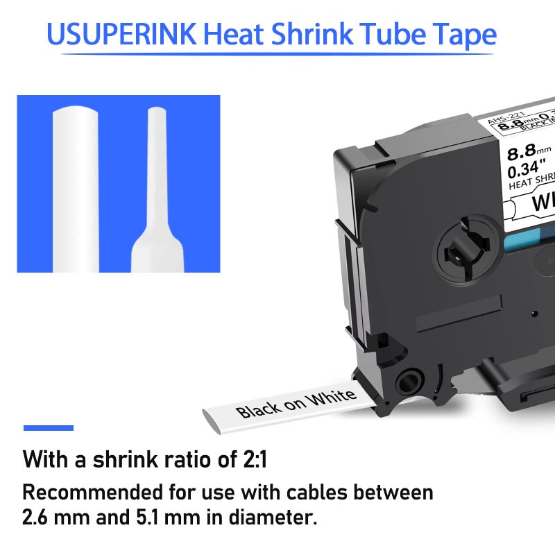 SuperInk USUPERINK 5 PK Compatible for Brother Ptouch HSe-221 HSe221 HS-221 HS221 8.8mm Black on White Heat Shrink Tube Label Tape use in PT-D210 PT-D400 PT-E300 PT-E500 PT-P750WVP Label Maker (0.34''x 4.92ft) - Image 3